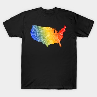 Colorful mandala art map of the United States of America in blue, yellow and red T-Shirt